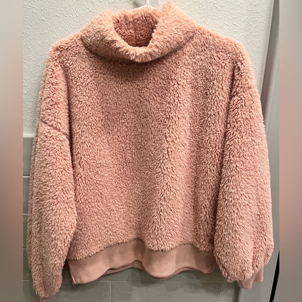 Women’s Light Pink Faux Fur Sherpa Mock Neck Sweater
